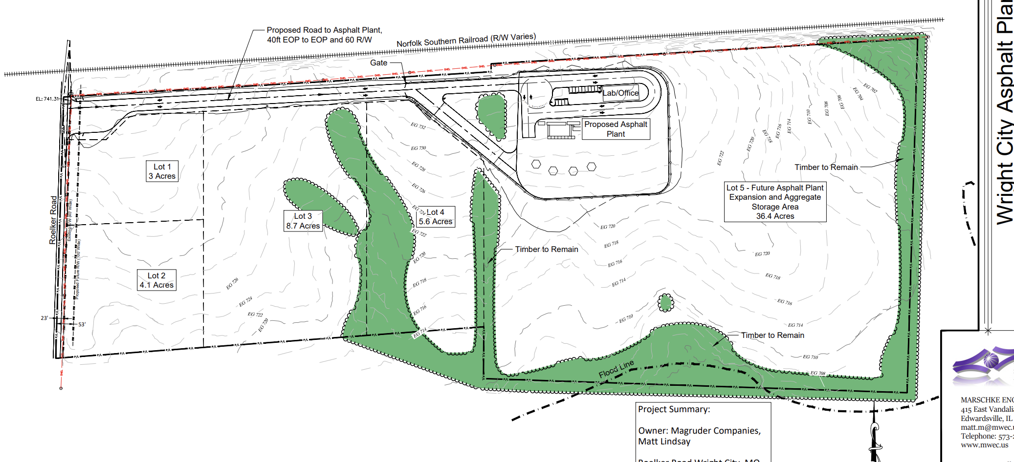 The January 29, 2026 civil sheet for the Wright City Asphalt Plant, showing Lot 1 at 3 acres, Lot 2 at 4.1 acres, Lot 3 at 8.7 acres, Lot 4 at 5.6 acres containing the Proposed Asphalt Plant and Lab/Office, and Lot 5 labeled Future Asphalt Plant Expansion and Aggregate Storage Area at 36.4 acres, bounded by Roelker Road, the Norfolk Southern Railroad and a flood line.