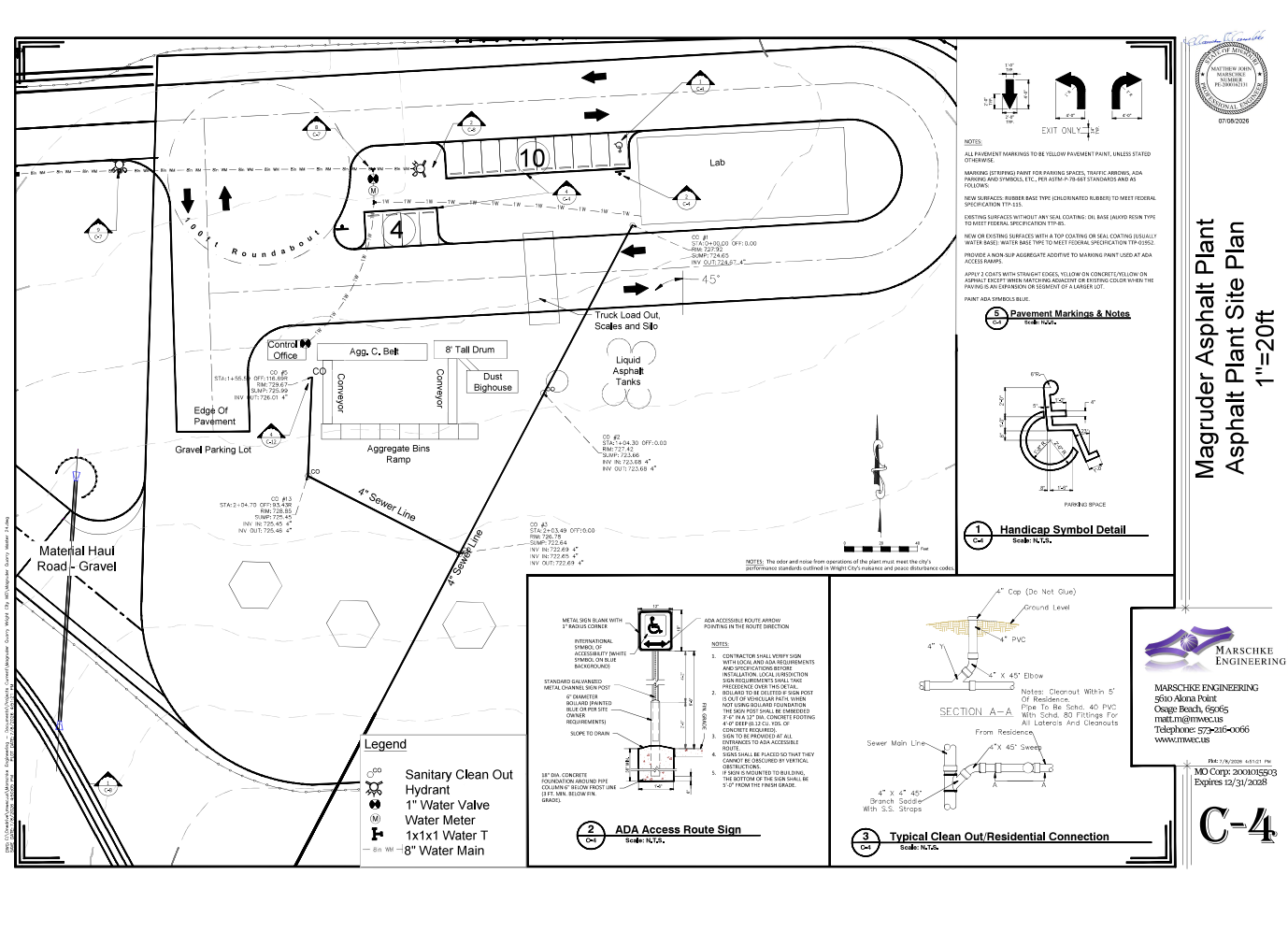Sheet C-4 of the July 8, 2026 revised civil set, Magruder Asphalt Plant Site Plan at 1 inch equals 20 feet, labeling a control office, Agg. C. Belt, two conveyors, an 8 foot tall drum, a dust baghouse, an aggregate bins ramp, Truck Load Out Scales and Silo, Liquid Asphalt Tanks, a gravel parking lot, a 100 foot roundabout, a lab building with 10 and 4 parking spaces, a 4 inch sewer line and a gravel material haul road. No aggregate stockpile area appears on the sheet.
