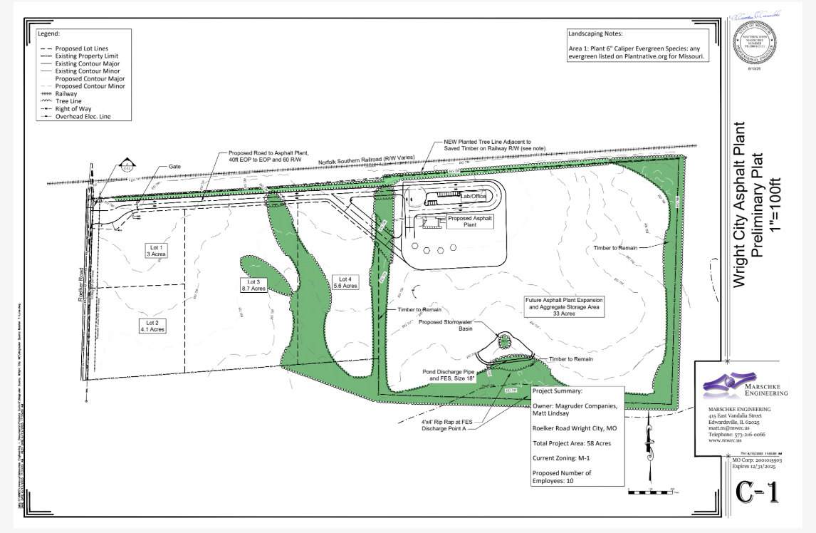 Sheet C-1 of the June 13, 2025 civil plan set, Wright City Asphalt Plant Preliminary Plat at 1 inch equals 100 feet, showing Lot 1 at 3 acres, Lot 2 at 4.1 acres, Lot 3 at 8.7 acres and Lot 4 at 5.6 acres, the Proposed Asphalt Plant and Lab/Office at the north of the site, an area labeled Future Asphalt Plant Expansion and Aggregate Storage Area at 33 acres to the southeast, a proposed stormwater basin and pond discharge pipe, timber to remain shown in green, Roelker Road to the west and the Norfolk Southern Railroad to the north. The Project Summary states Owner Magruder Companies, Matt Lindsay, Roelker Road Wright City MO, Total Project Area 58 Acres, Current Zoning M-1, Proposed Number of Employees 10.