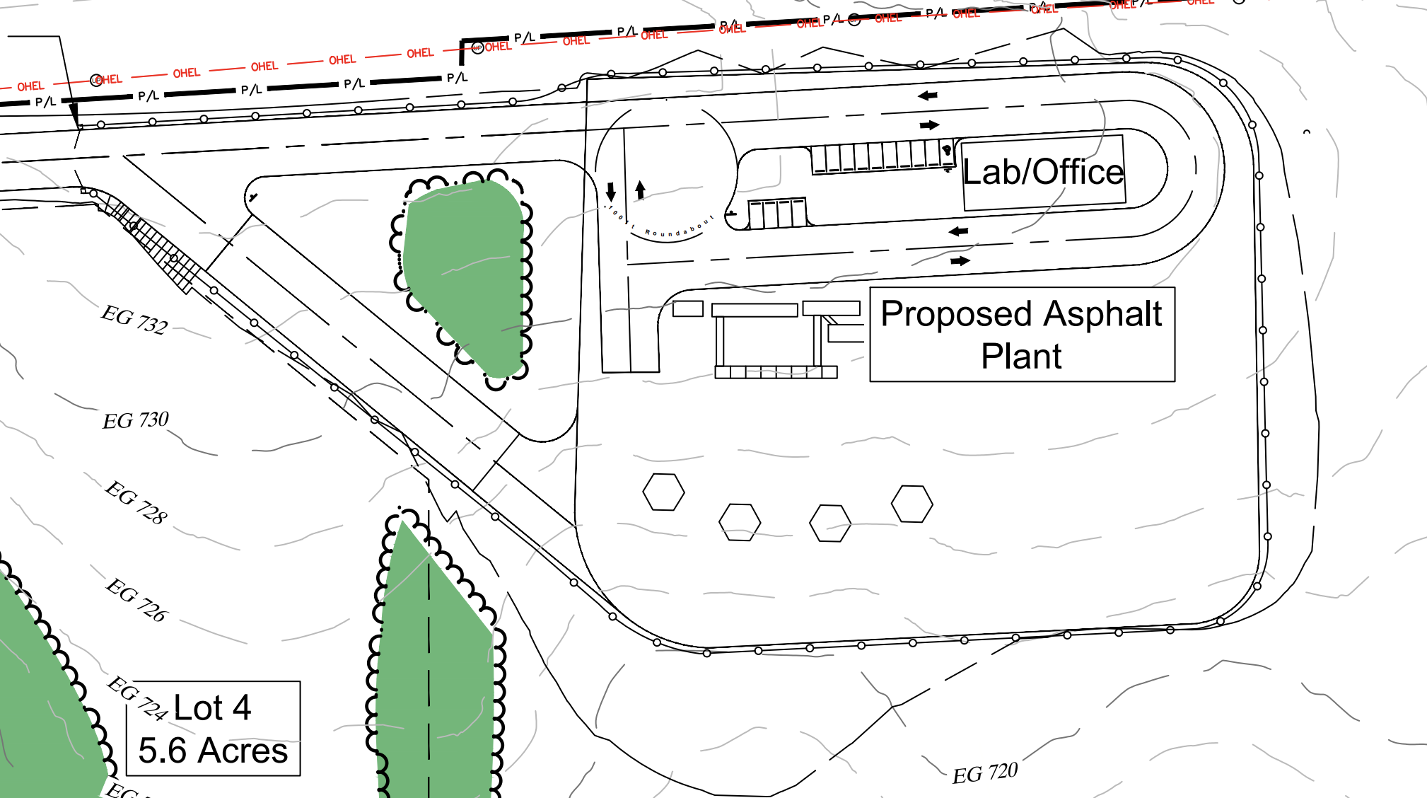 Detail of the January 29, 2026 civil site plan, Sheet C-1, showing Lot 4 labeled 5.6 acres, containing the Proposed Asphalt Plant, a Lab/Office building, two parking rows, internal drives and a roundabout. No aggregate stockpile area is shown anywhere on the lot.