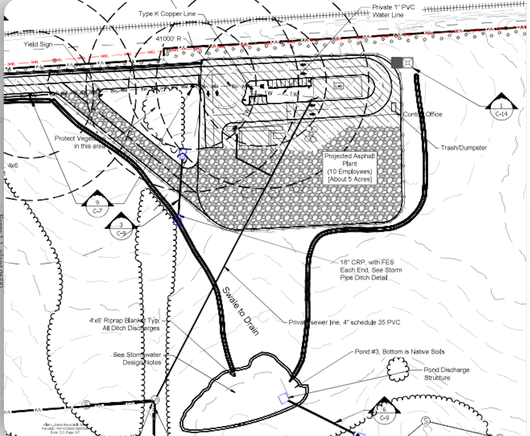 Detail of the July 8, 2026 revised civil site plan showing the block labeled Projected Asphalt Plant, 10 Employees, About 5 Acres, with a control office, trash and dumpster enclosure, internal drive loop, swale to drain, and Pond 3 with its discharge structure. No aggregate stockpile area is labeled.